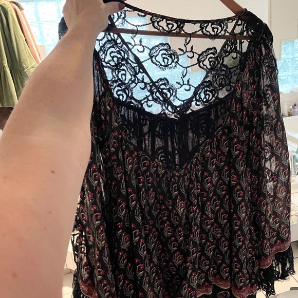 Free People Nomad Child Boho Dress Sexy Lace back fringe Dark Floral S Oversized - Picture 15 of 16